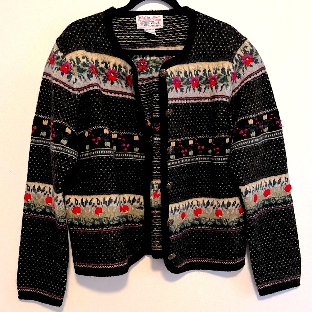 Vintage A Tally Ho Black Wool Button Front Floral Embellished Sweater - Large